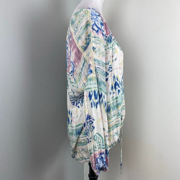 O'Neill Pastel Watercolor Floral Tie Front Boho Scoop Neck Peasant Blouse XL - Picture 4 of 8